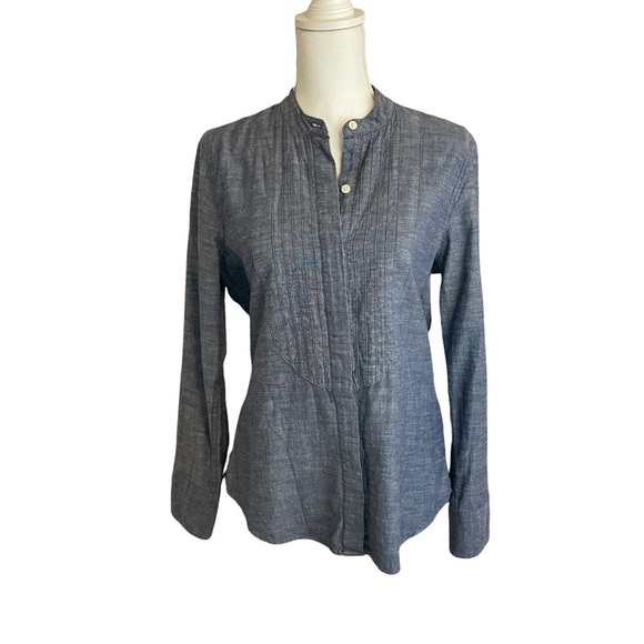 Lucky Brand Chambray Blue Jean Tuxedo Mandarin Collar Button Down Shirt Size Med - Picture 1 of 12